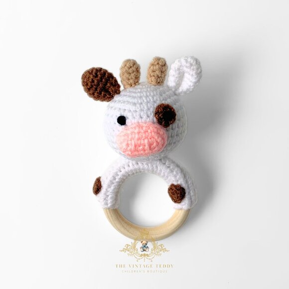 NWT Cute Handmade Crochet Cow Baby Rattle Baby & Toddler Wooden Plush Toys - Picture 1 of 3